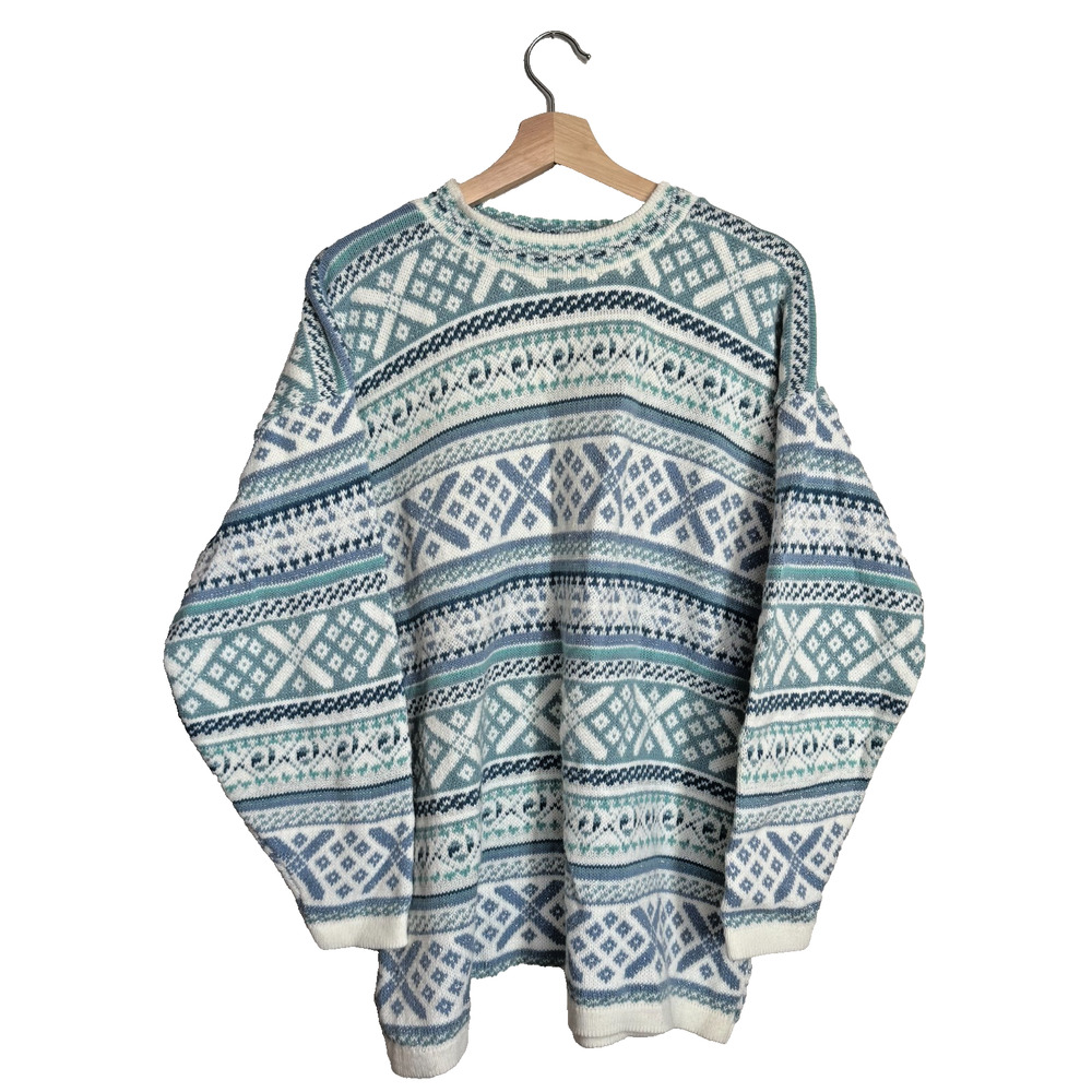 Vintage 80s 90s Brand New Sweater L Made USA Heavy Knit Blue White 22x27 EUC